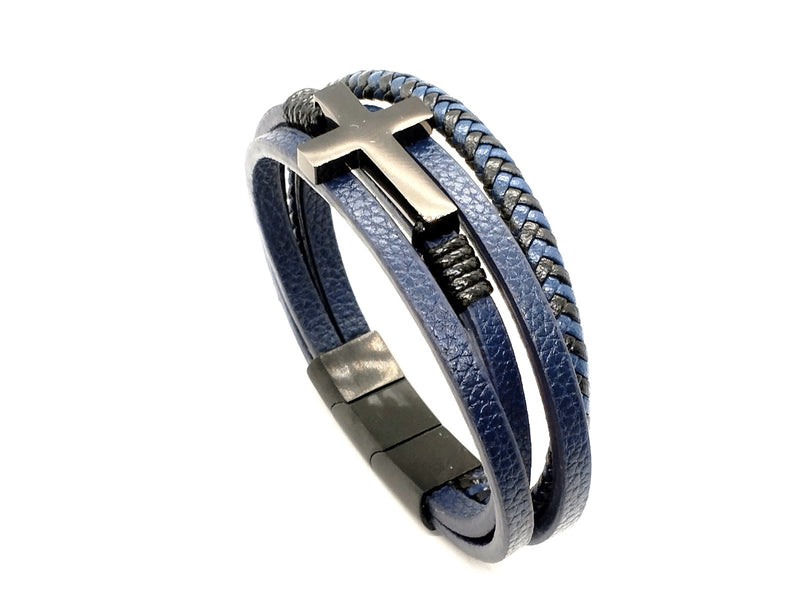 Blue Braided Leather Men's Bracelet, Cross Charm