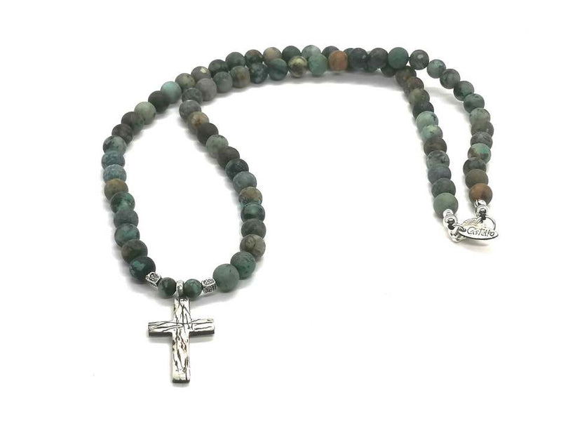 African Turquoise Cross Necklace, Sterling Silver · 6mm