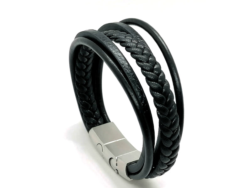 Black Multi-Strand Braided Leather Bracelet, Men's