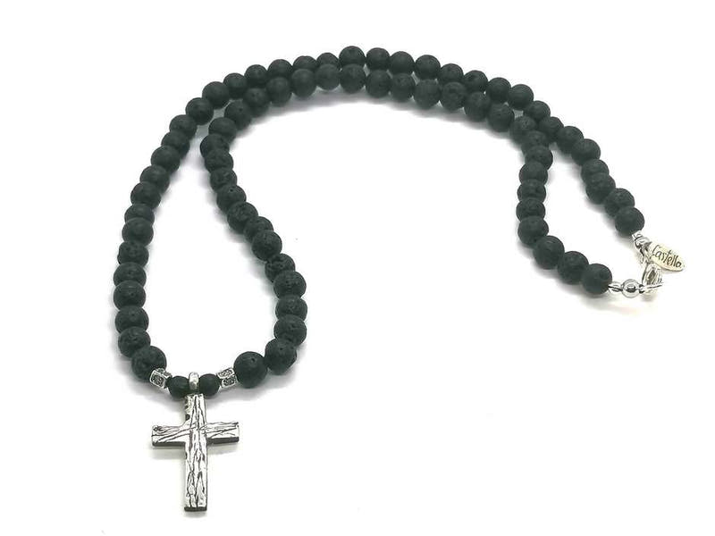 Lava Stone Cross Necklace, Sterling Silver · 6mm