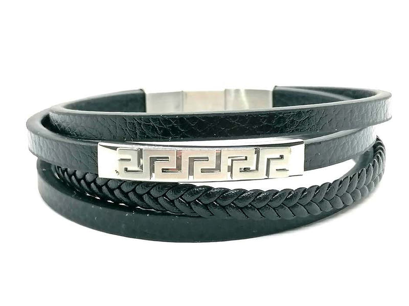 Black Multi-Layer Greek Leather Bracelet, Stainless Steel Clasp