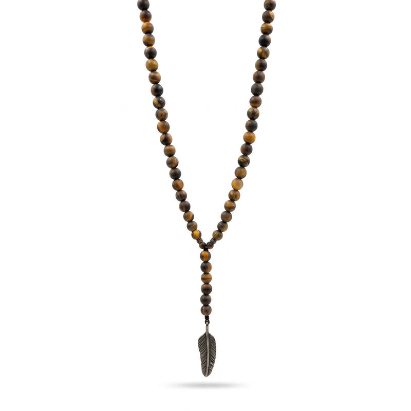 Tiger's Eye Rosary Necklace, Feather Pendant, Matte · 6mm