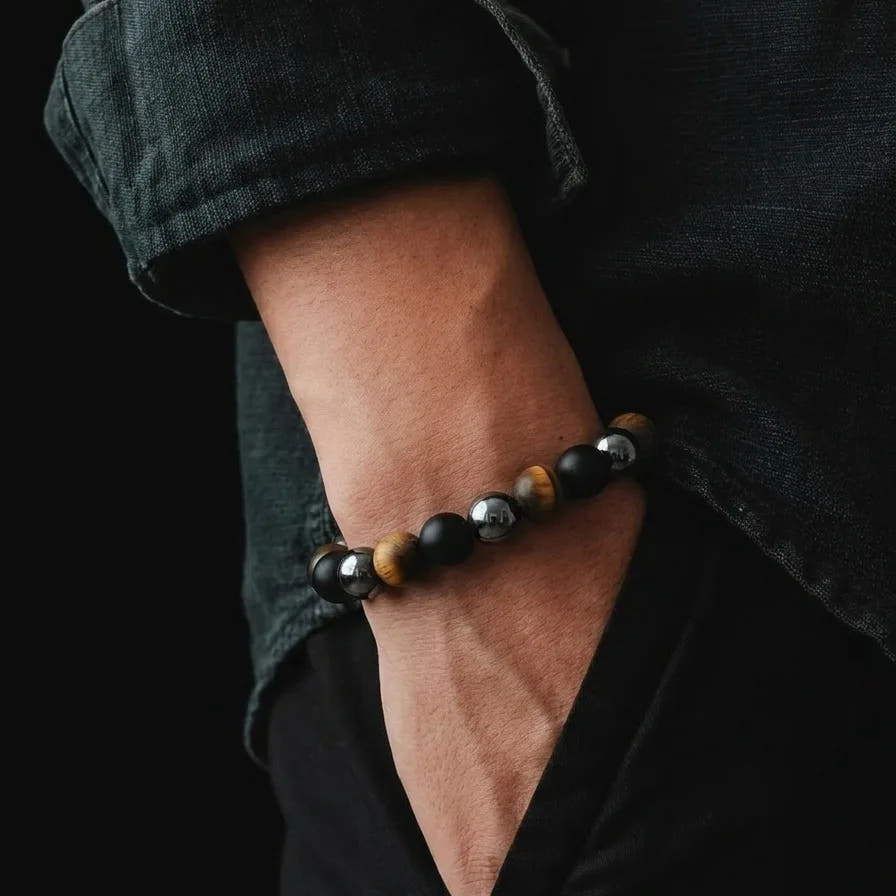 Onyx, Tiger's Eye & Hematite Men's Bracelet, 10mm, view 2 | Castello Jewels