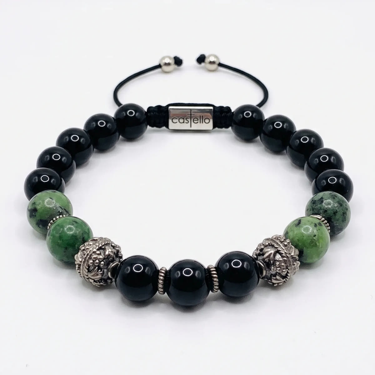 MyKing Polished Onyx & Ruby Zoisite Sterling Silver Bracelet, 10mm | Castello Jewels