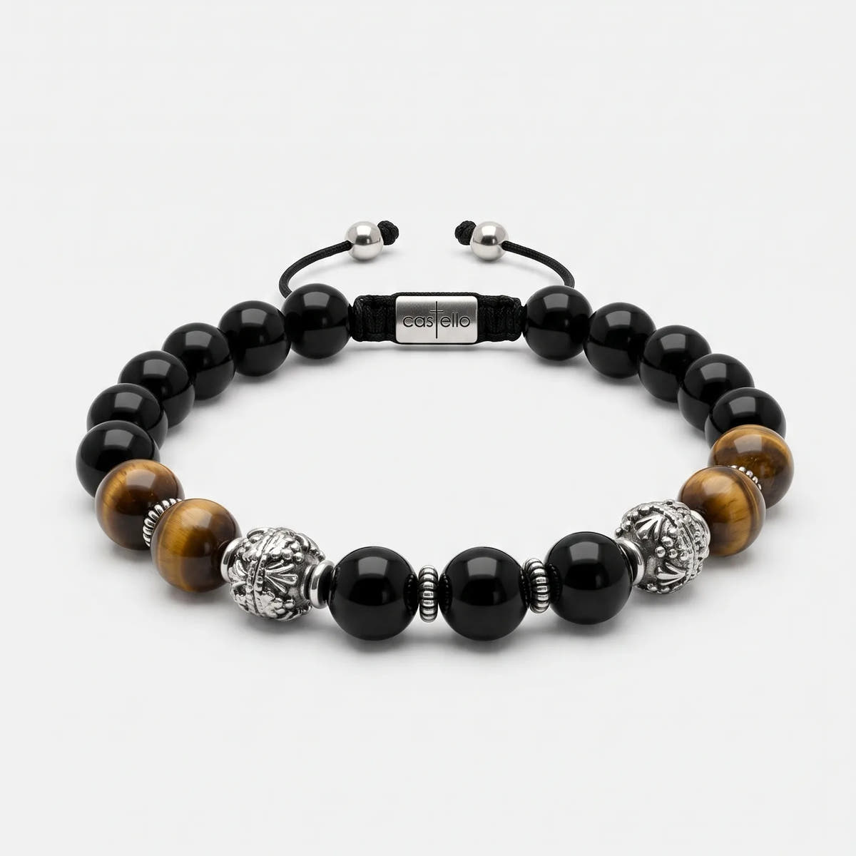 MyKing Polished Onyx & Tiger's Eye Men's Bracelet, Sterling Silver, 10mm | Castello Jewels