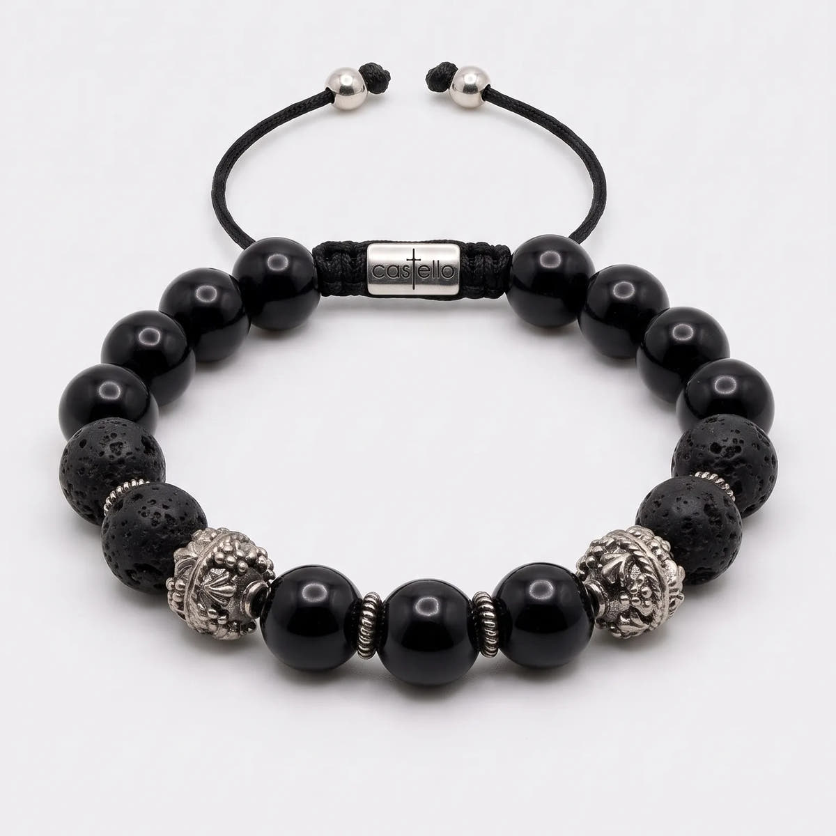 MyKing Polished Onyx & Lava Stone Sterling Silver Bracelet, 10mm | Castello Jewels
