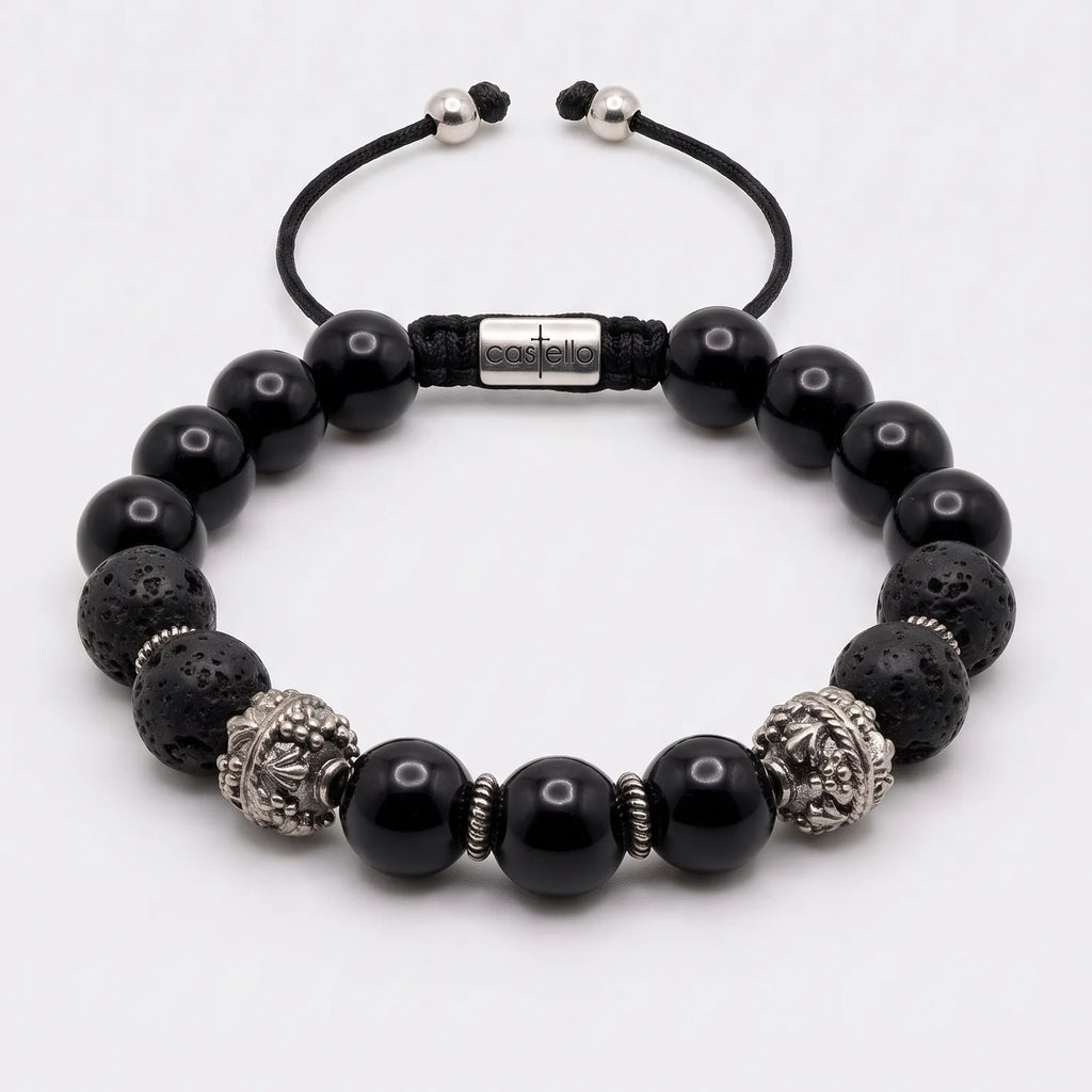 MyKing Polished Onyx & Lava Stone Sterling Silver Bracelet, 10mm | Castello Jewels