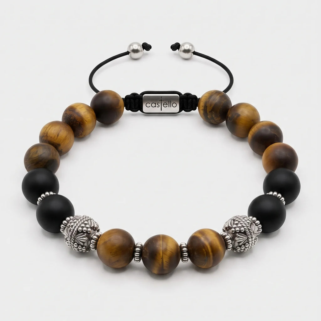 MyKing Matte Onyx & Tiger's Eye Men's Bracelet, Sterling Silver, 10mm | Castello Jewels
