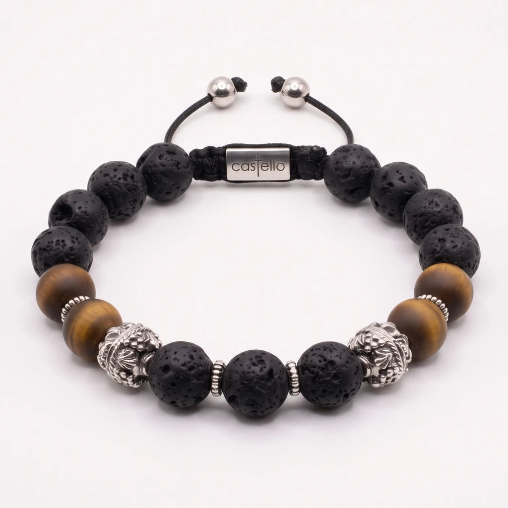 MyKing Lava & Matte Tiger's Eye Men's Bracelet, Sterling Silver, 10mm | Castello Jewels