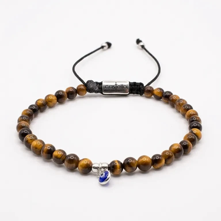 Polished Tiger's Eye Evil Eye Bracelet · 4mm