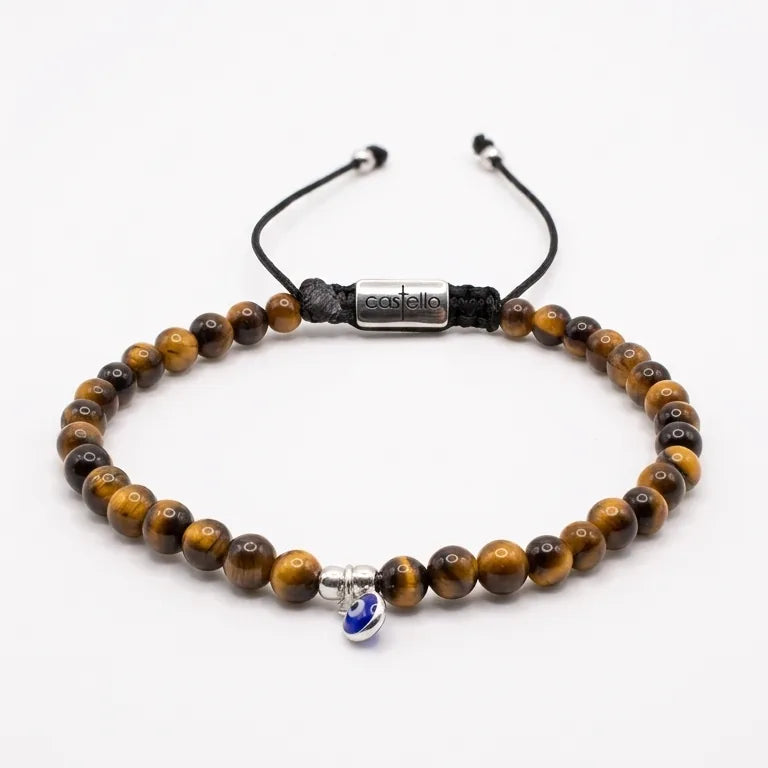 Polished Tiger's Eye Evil Eye Bracelet · 4mm
