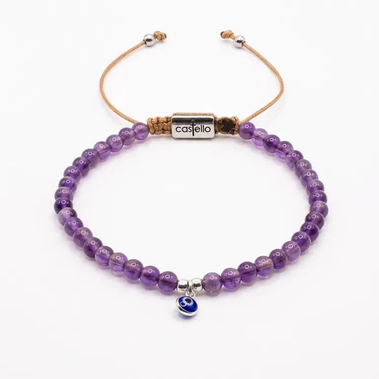 Amethyst Evil Eye Beaded Bracelet, 4mm | Castello Jewels