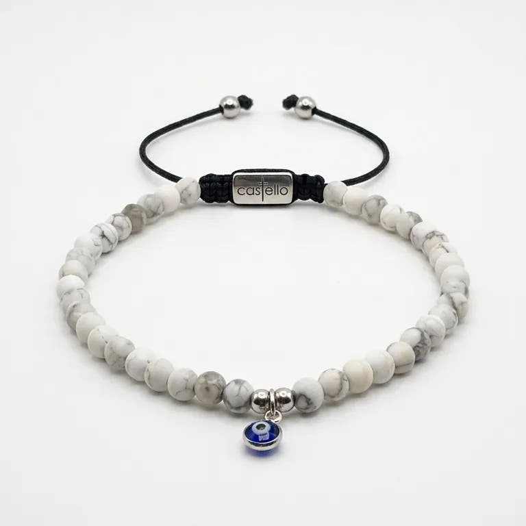 Howlite Nazar Bracelet, Sterling Silver, 4mm | Castello Jewels