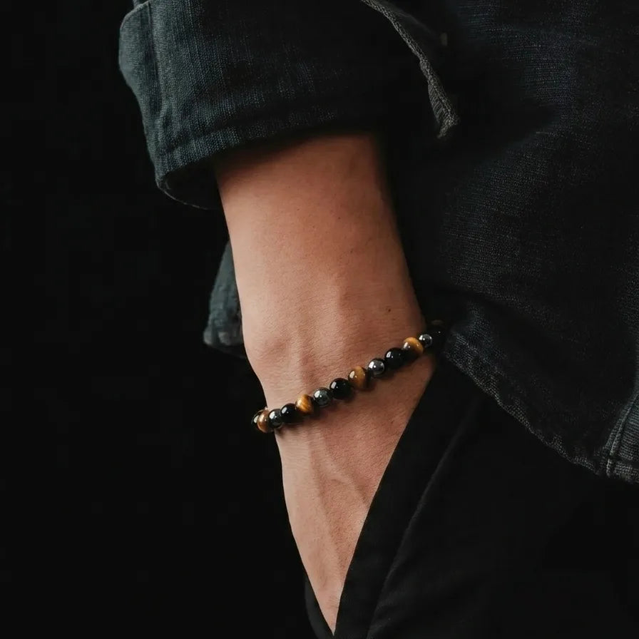 Onyx, Hematite & Tiger's Eye Men's Bracelet, 4mm, view 2 | Castello Jewels