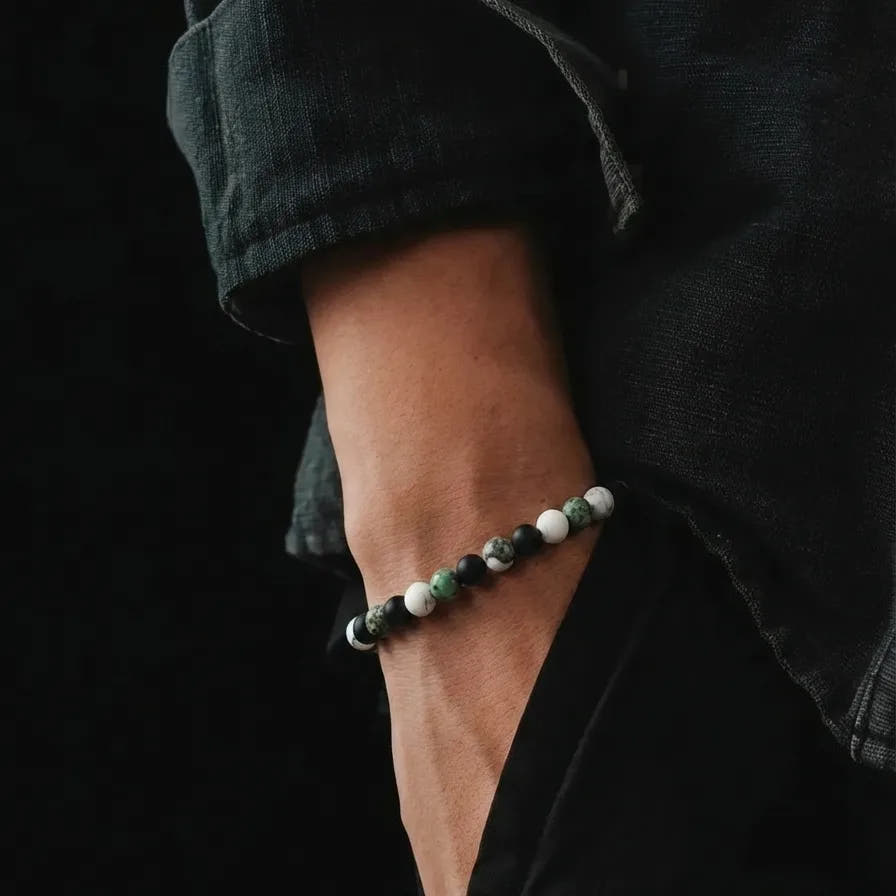 Howlite, African Turquoise & Onyx Boho Bracelet, 4mm, view 2 | Castello Jewels
