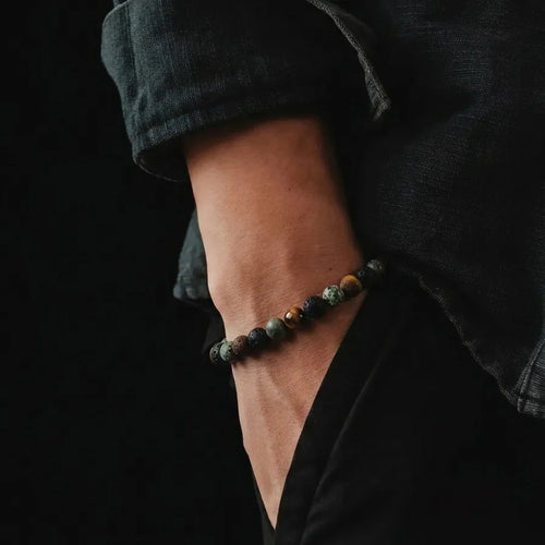 African Turquoise, Lava & Tiger's Eye Men's Bracelet, 4mm, view 2 | Castello Jewels