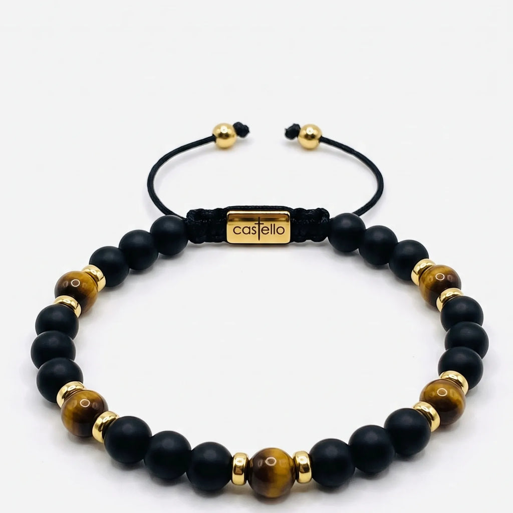 Classic Gold-Plated Matte Onyx & Tiger's Eye Beaded Bracelet, Timeless, 4mm | Castello Jewels