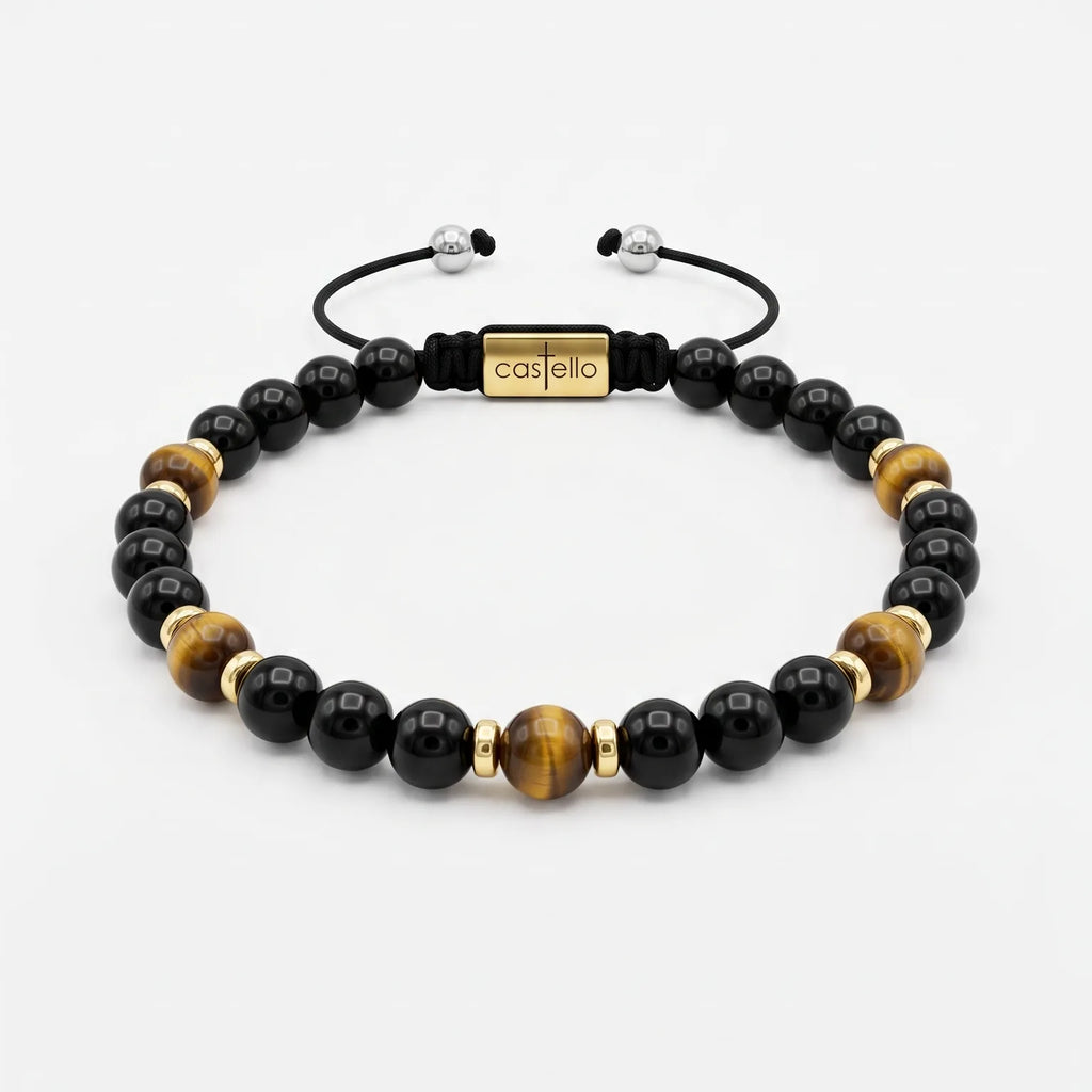 Classic Gold-Plated Onyx & Tiger's Eye Beaded Bracelet, Timeless, 4mm | Castello Jewels