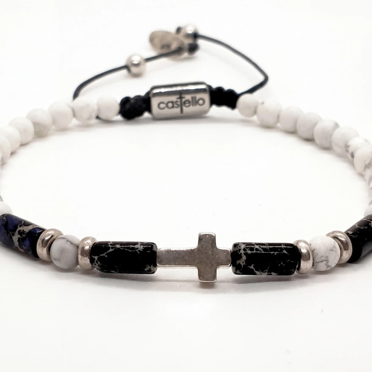 Howlite Cross Sterling Silver Bracelet, 4mm | Castello Jewels
