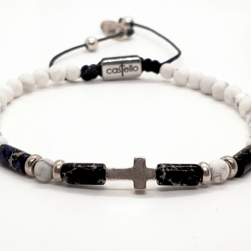 Howlite Cross Sterling Silver Bracelet, 4mm | Castello Jewels