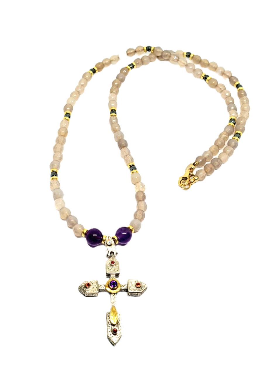 Hand Made Necklace Silver 925 Cross With Grey Agate stone 6mm | Castello Jewels