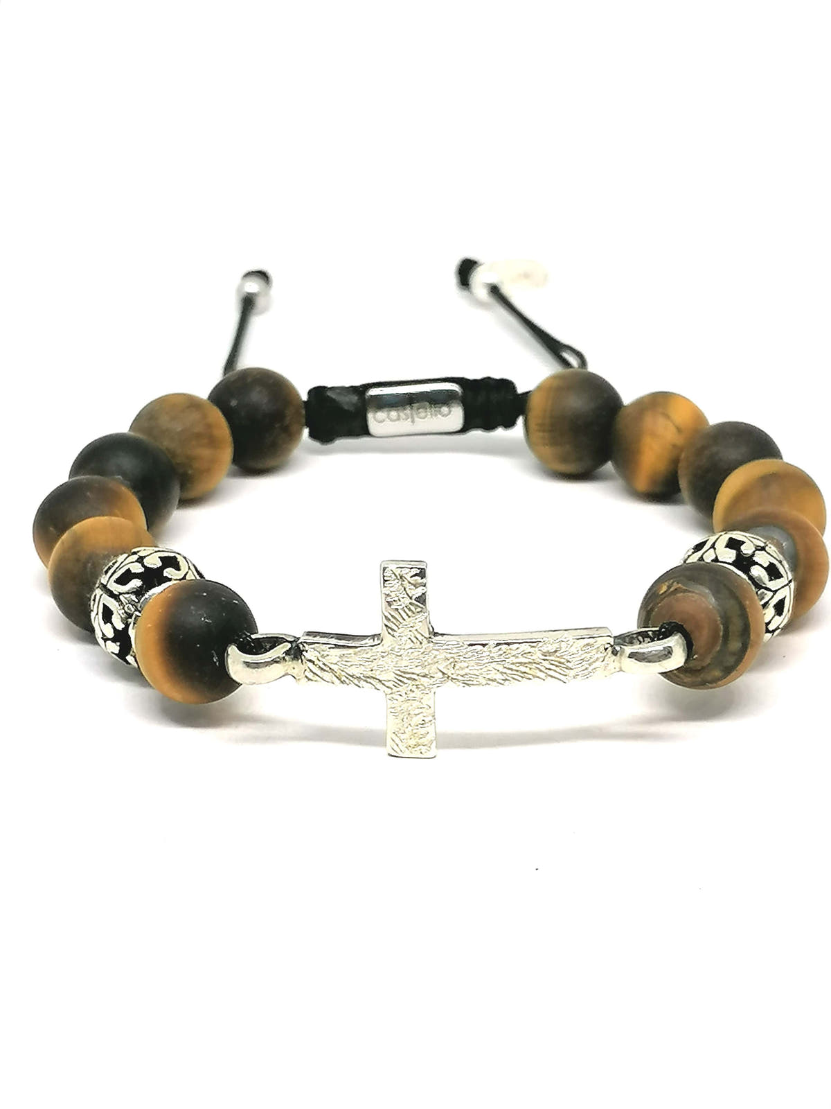 Matte Tiger's Eye Cross Beaded Bracelet, 10mm, view 3 | Castello Jewels
