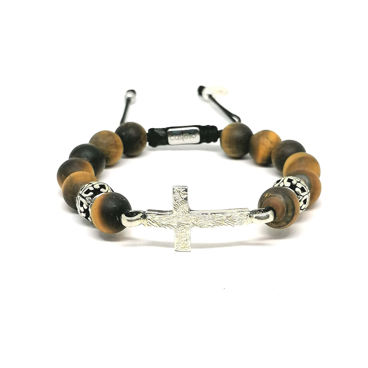 Matte Tiger's Eye Cross Beaded Bracelet, 10mm, view 3 | Castello Jewels