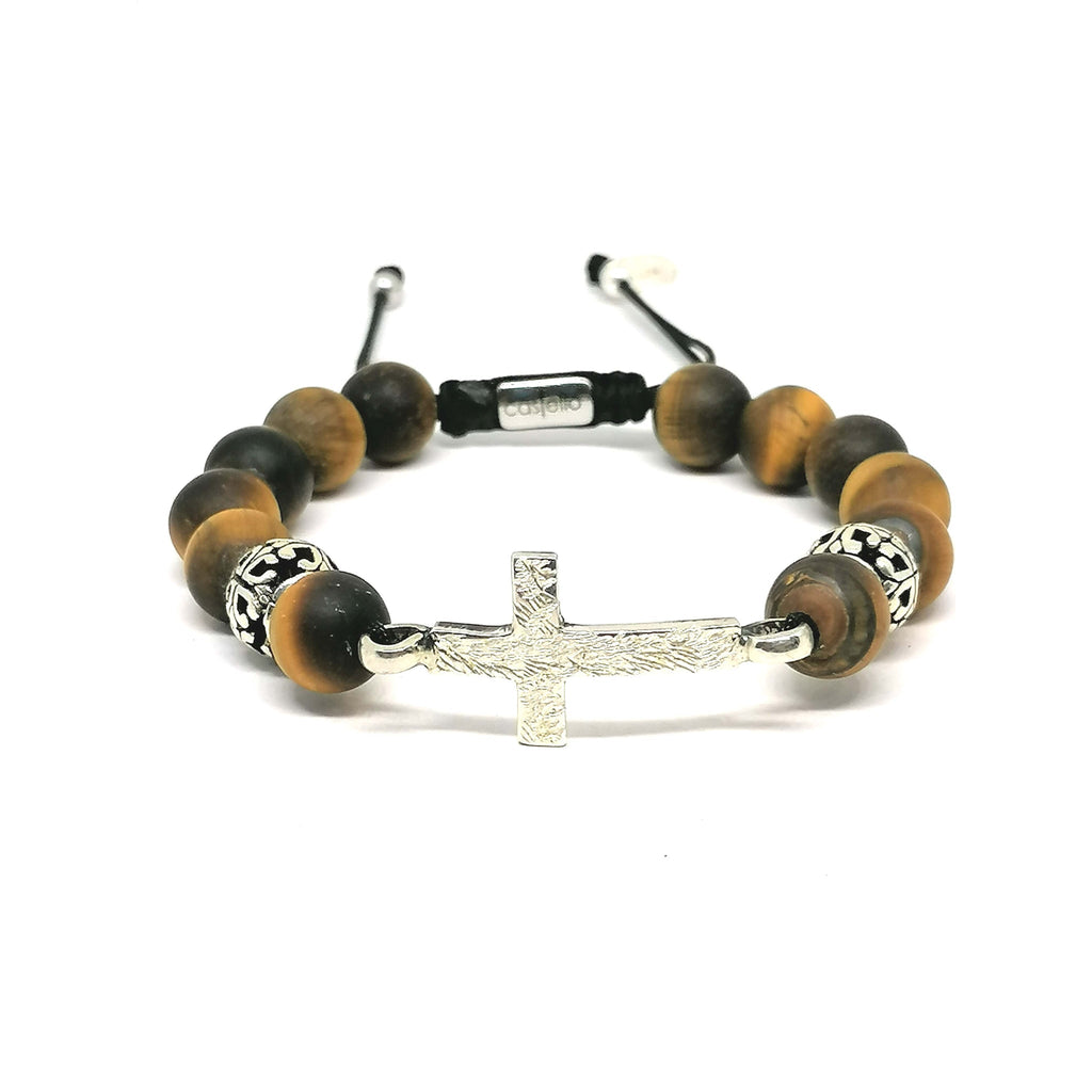Matte Tiger's Eye Cross Beaded Bracelet, 10mm, view 3 | Castello Jewels