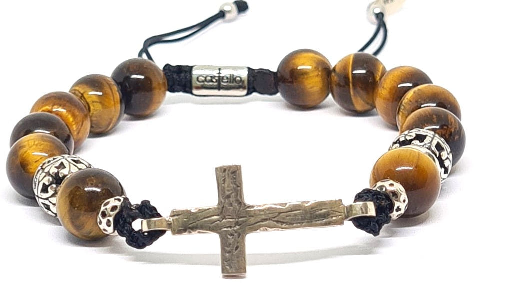 Polished Tiger's Eye Cross Bracelet for Men, 10mm | Castello Jewels
