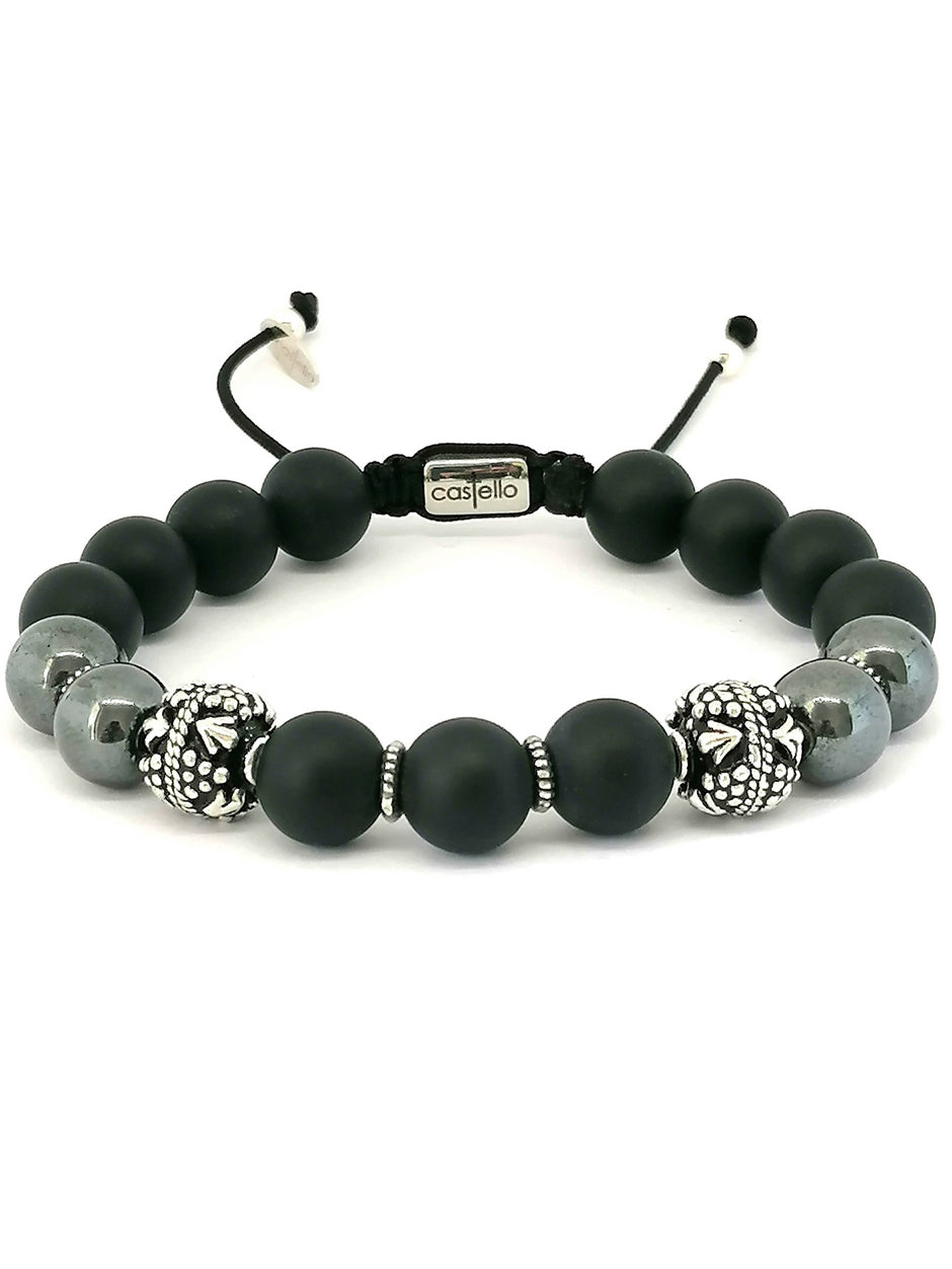 Hand Made Silver Bracelet MyKing Onyx Mat, Hematite stone 10mm | Castello Jewels