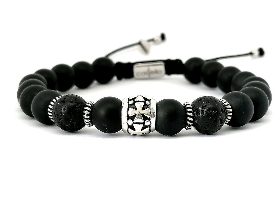 Hand Made Silver Bracelet Knights, Onyx Mat, Lava stone 8mm | Castello Jewels