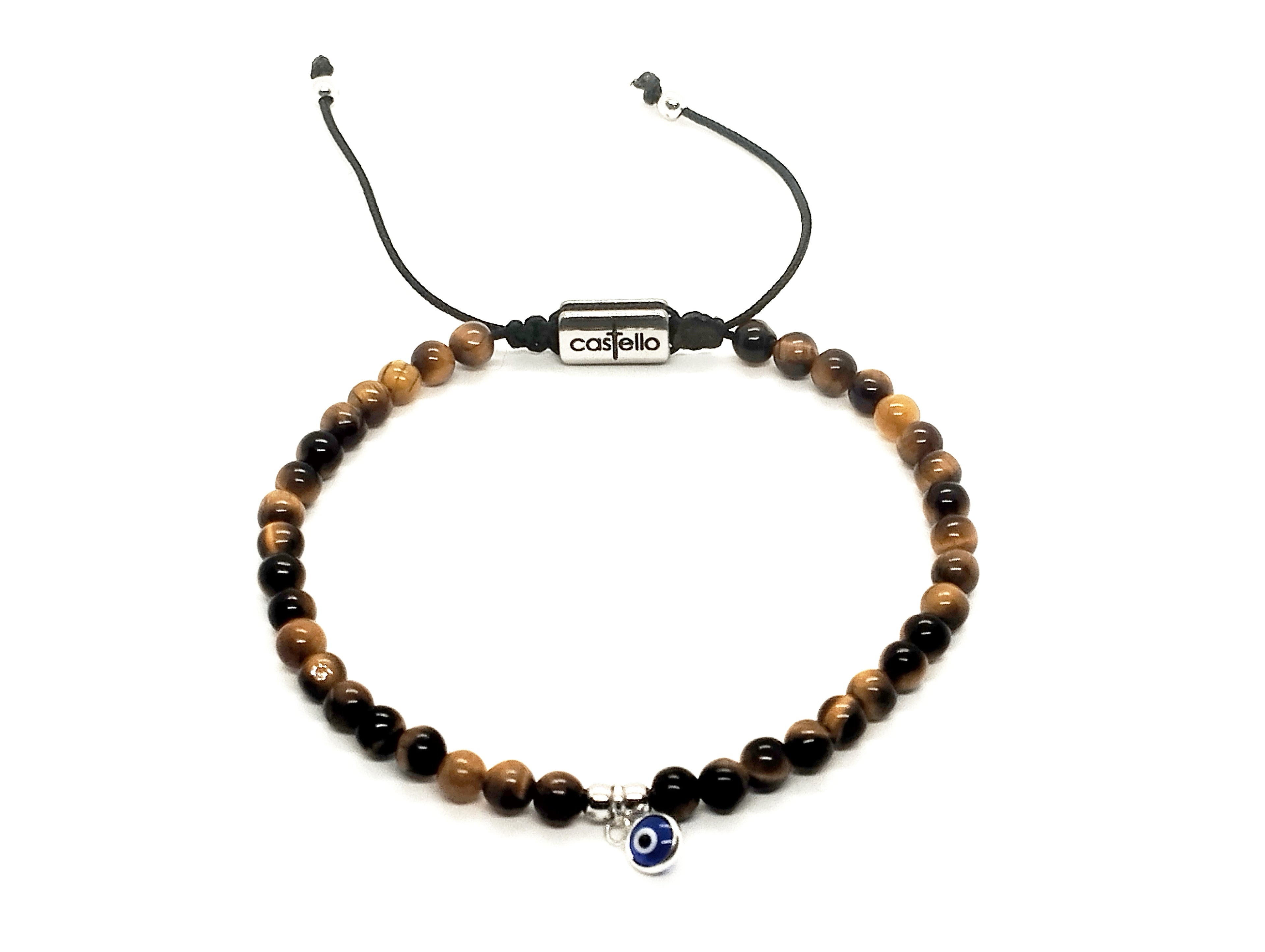Hand Made Bracelet Evil Eye 925, Tiger Eye stone 4mm | Castello Jewels