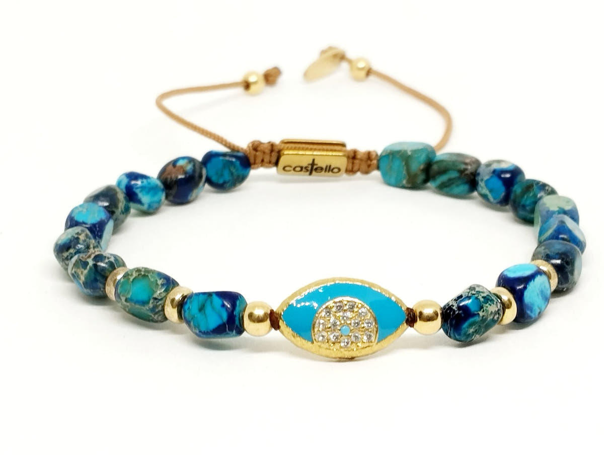 Jasper Turquoise Nazar Bracelet, Gold-Plated, 5x7mm | Castello Jewels