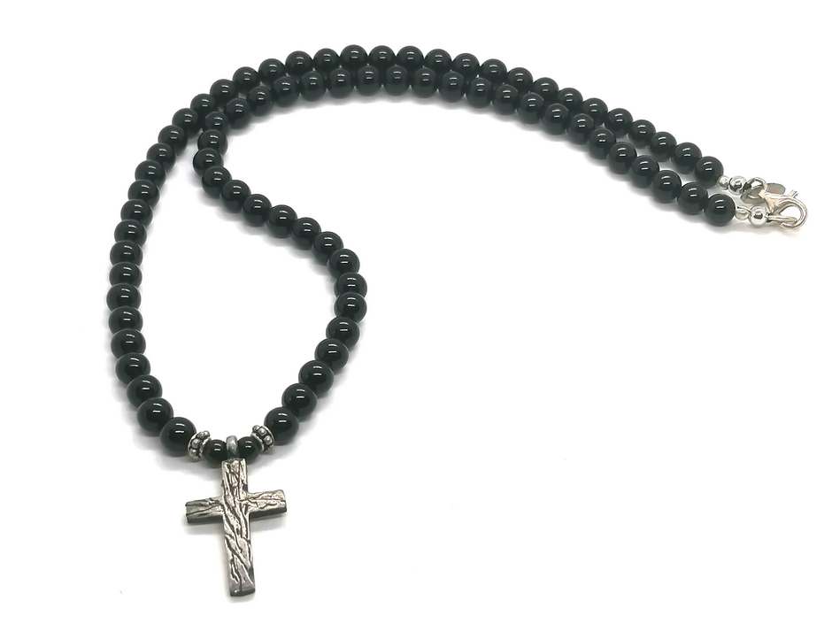 Onyx Beaded Cross Necklace, Sterling Silver, 6mm | Castello Jewels