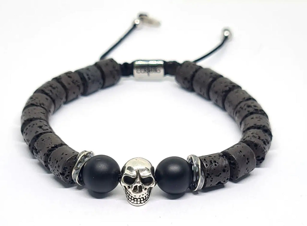 Hand Made Bracelet Silver 925, Cilynder Lava, Onyx stone 10mm | Castello Jewels