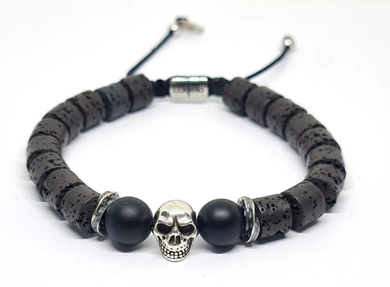 Hand Made Bracelet Silver 925, Cilynder Lava, Onyx stone 10mm | Castello Jewels