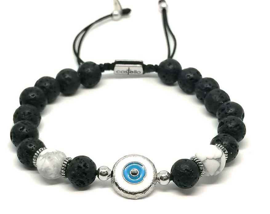Evil Eye Bracelet, enameled silver 925, Lava stone 8mm | Castello Jewels