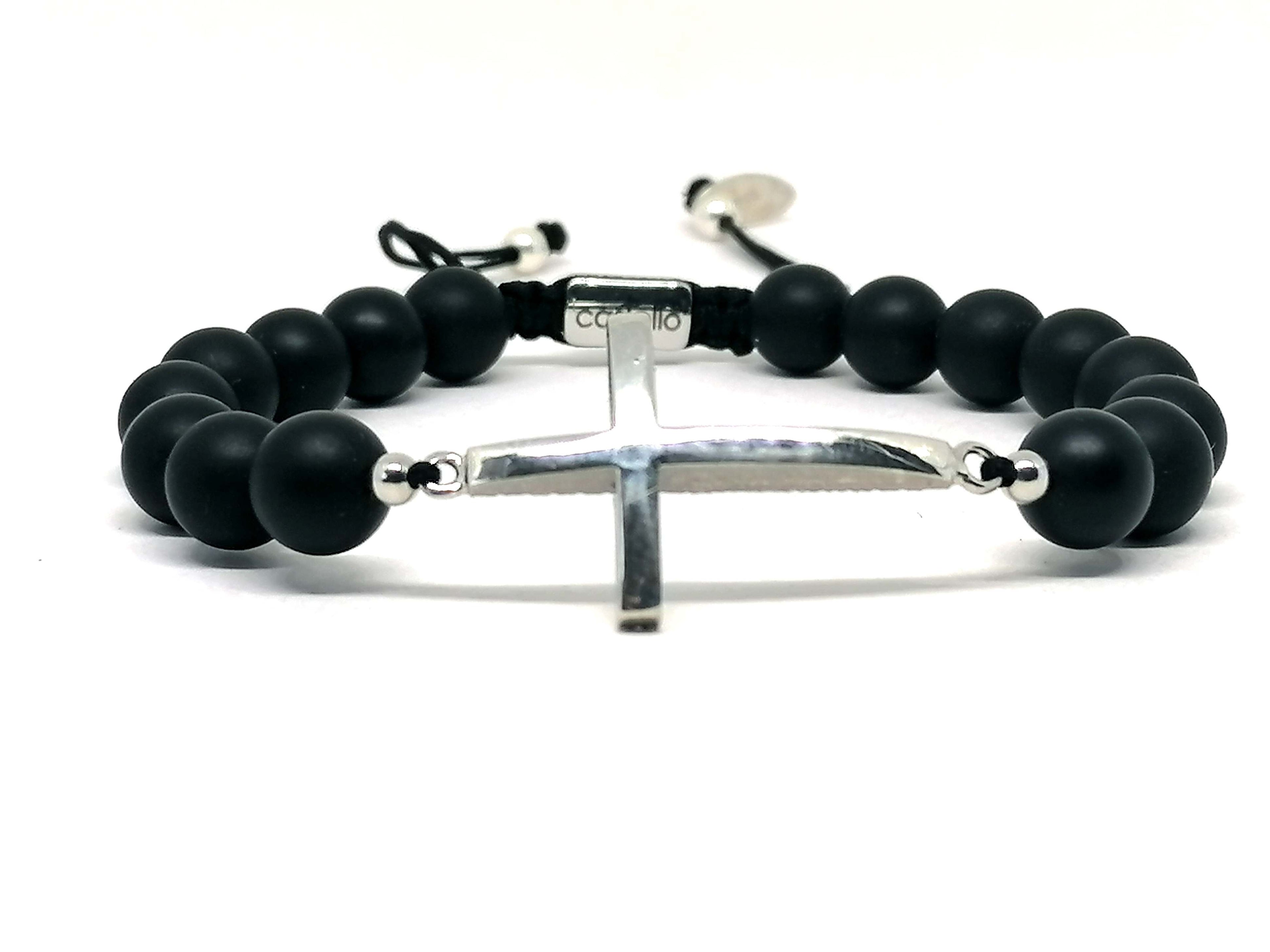 CROSS SILVER 925 Bracelet, Onyx Stone 8mm | Castello Jewels