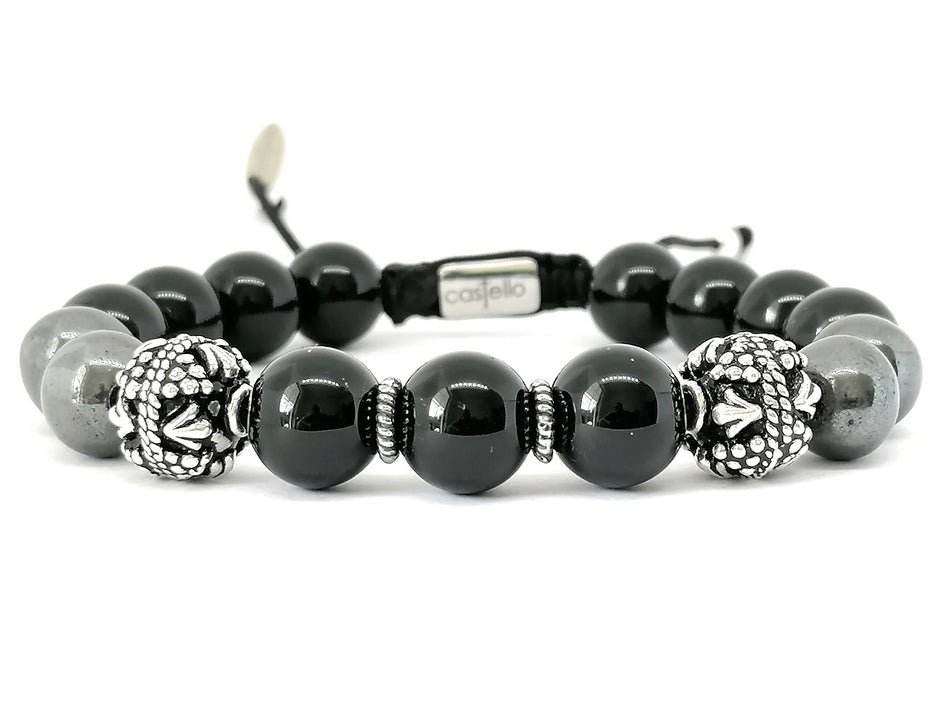 Hand Made Silver Bracelet MyKing Onyx Polish, Hematite stone 10mm | Castello Jewels