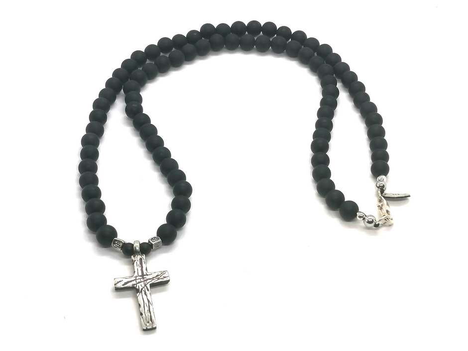 Onyx Cross Necklace, Sterling Silver, 6mm | Castello Jewels