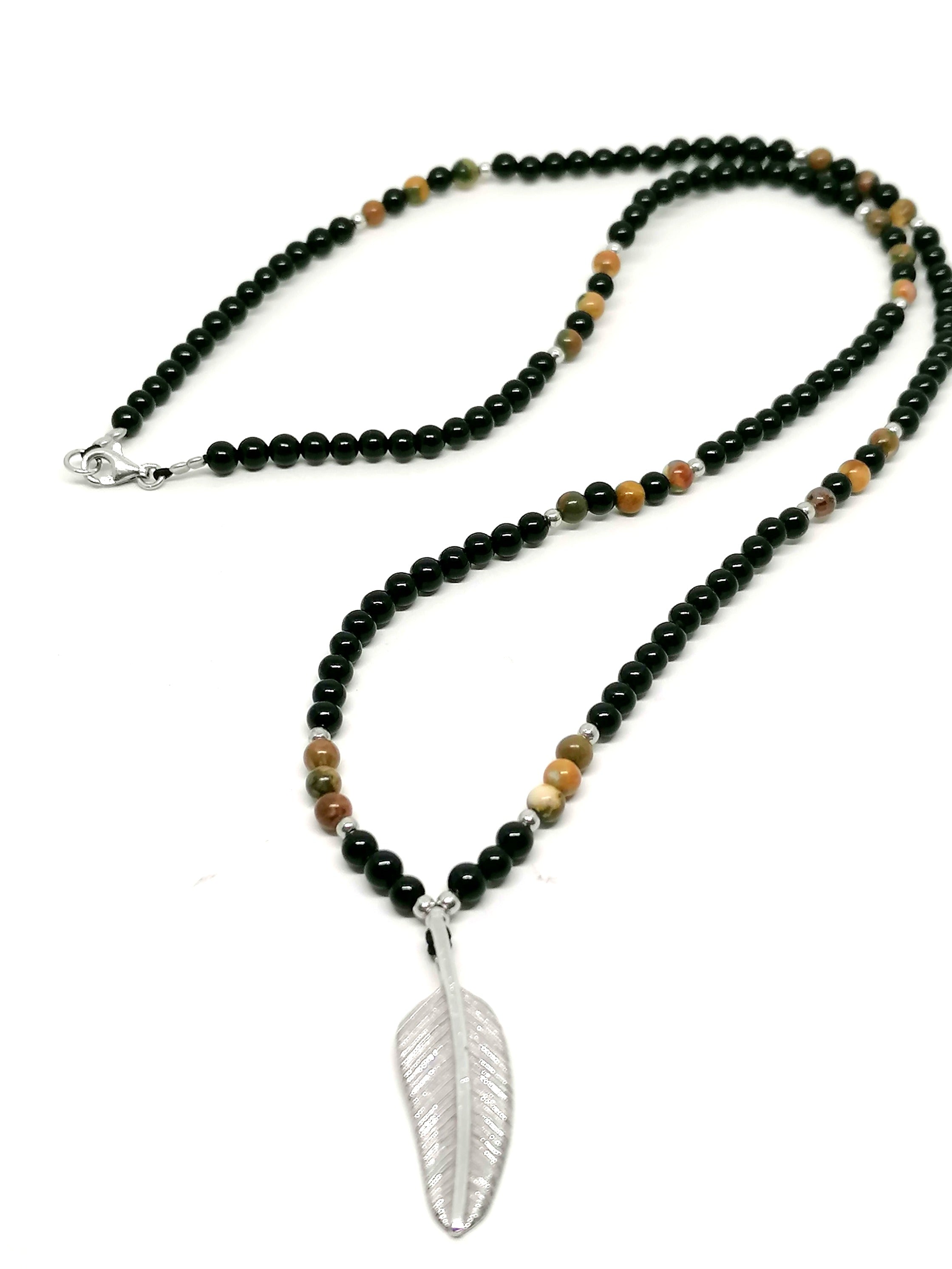 Necklace Leaf, Silver 925, Onyx stone | Castello Jewels