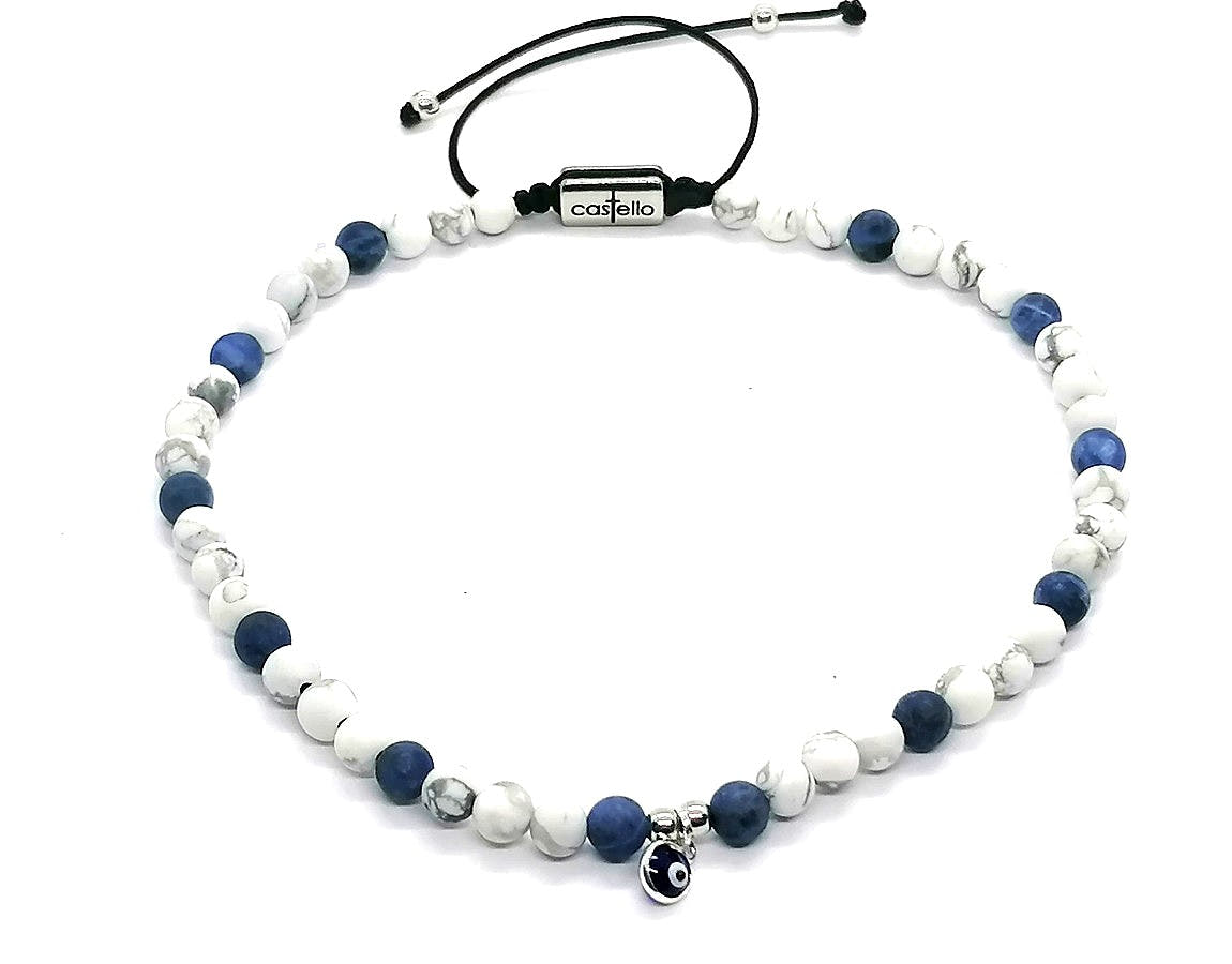 Howlite & Sodalite Ankle Bracelet, Silver Eye, 4mm | Castello Jewels