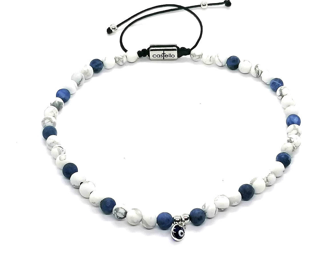 Hand Made Anklets Silver Eye, Howlite, Sodalite stone 4mm | Castello Jewels