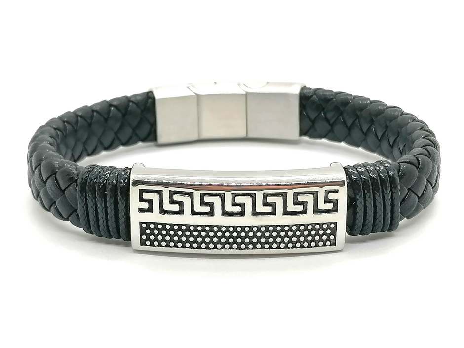 Greca style, Black Braided Leather Bracelet, Stainless Steel DoubleC | Castello Jewels