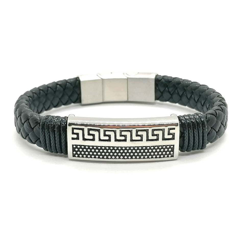 Black Braided Leather Men's Bracelet, Greca Style, Double Clasp | Castello Jewels