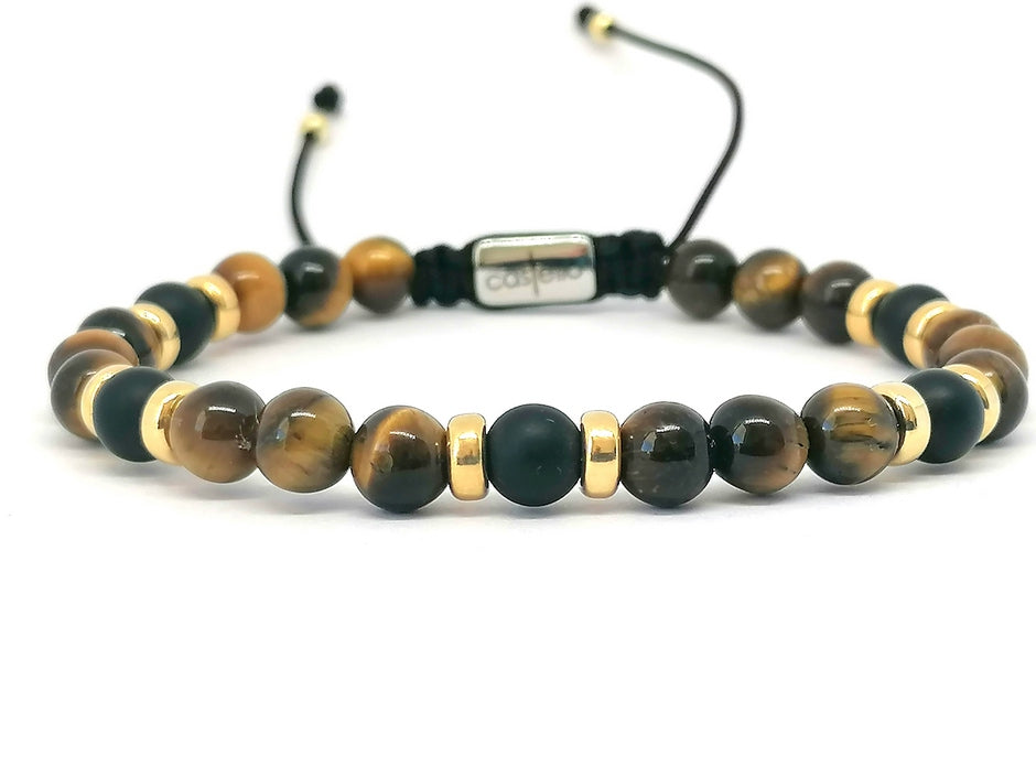 Silver 925 Gold Plated Bracelet Classic, Tiger Eye Polish, Onyx Mat 6mm stone | Castello Jewels