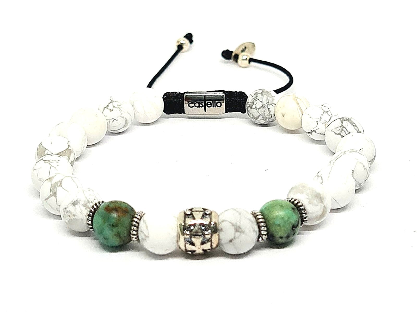 Hand Made Silver Bracelet Knights, Howlite, AfricaTurquoise stone 8mm | Castello Jewels