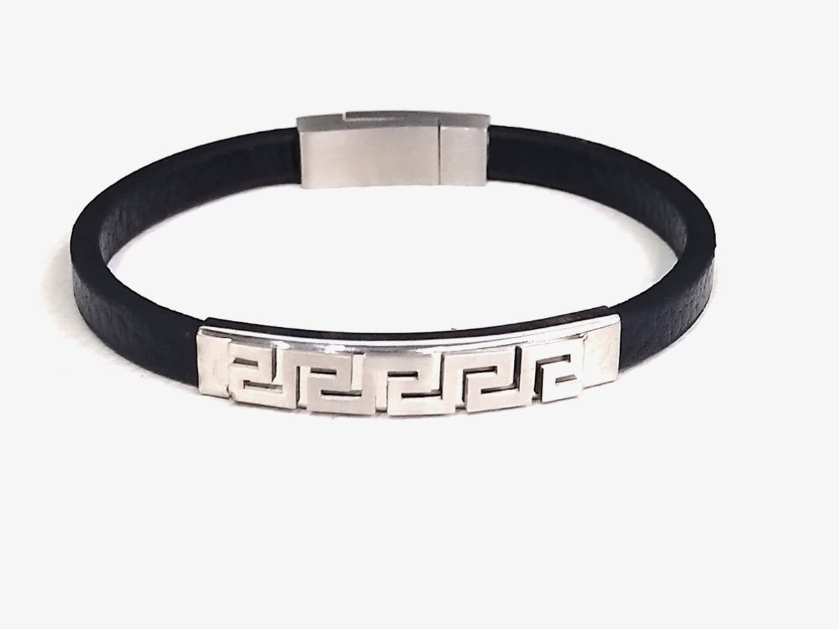 Greca style, Black Leather Bracelet, Stainless Steel Magnetic Clasp — view 2 | Castello Jewels