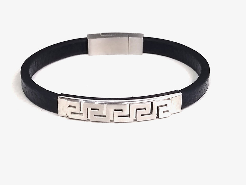 Greca style, Black Leather Bracelet, Stainless Steel Magnetic Clasp — view 2 | Castello Jewels