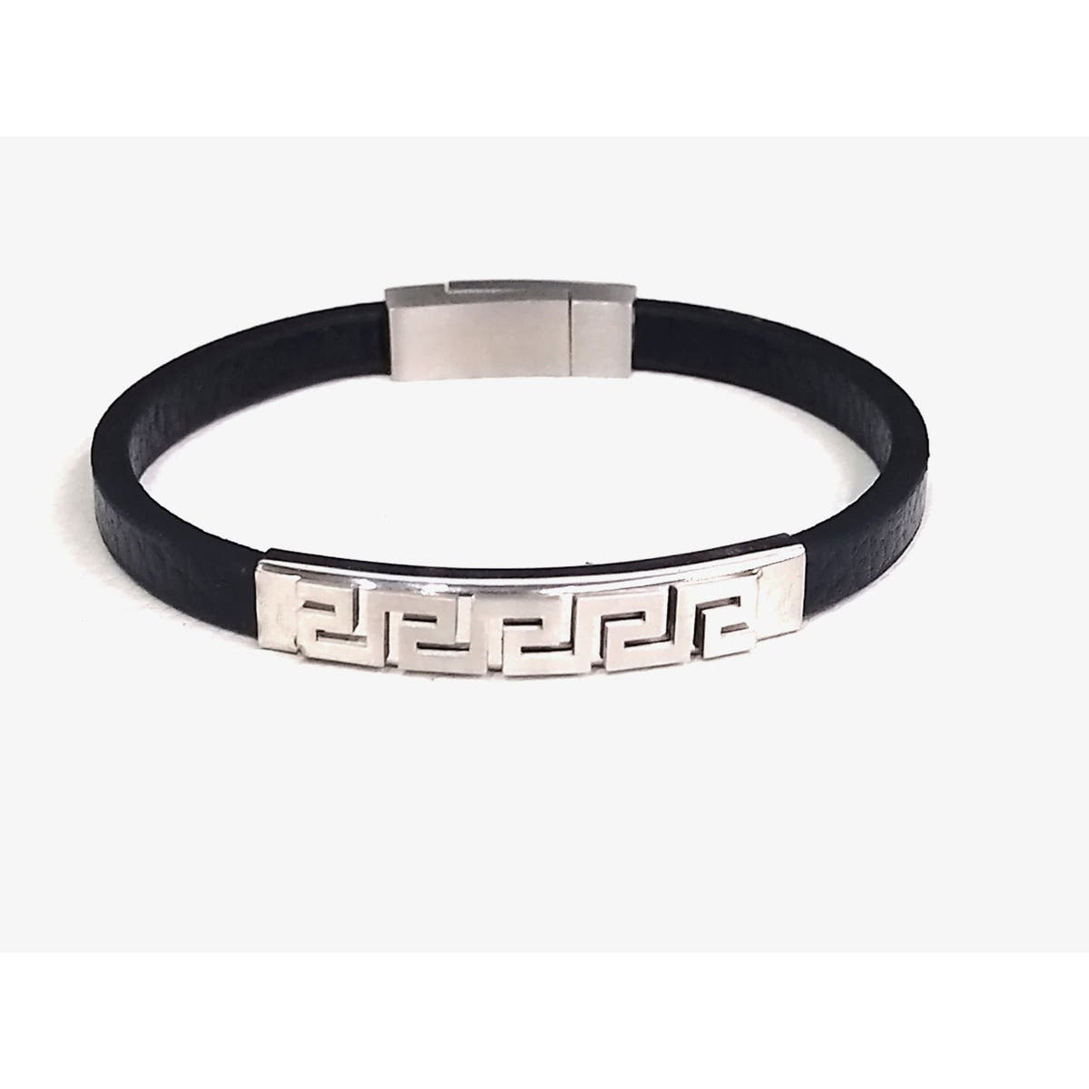 Greca style, Black Leather Bracelet, Stainless Steel Magnetic Clasp — view 2 | Castello Jewels